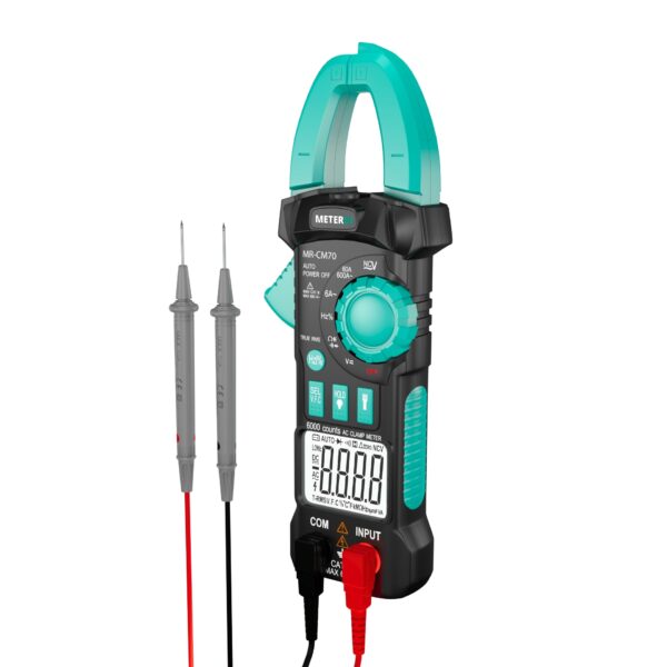 Digital Tong Tester Clamp Meter MR-CM70 with test leads for precise electrical current measurement.