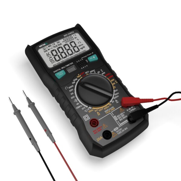 METERDI Digital Multimeter MR-DM52 application in measuring voltage, current, and resistance for electrical testing.