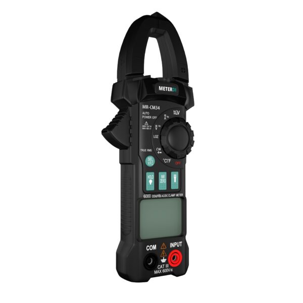 Digital Clamp Meter MR-CM34 side view showing its ergonomic design and durable build.