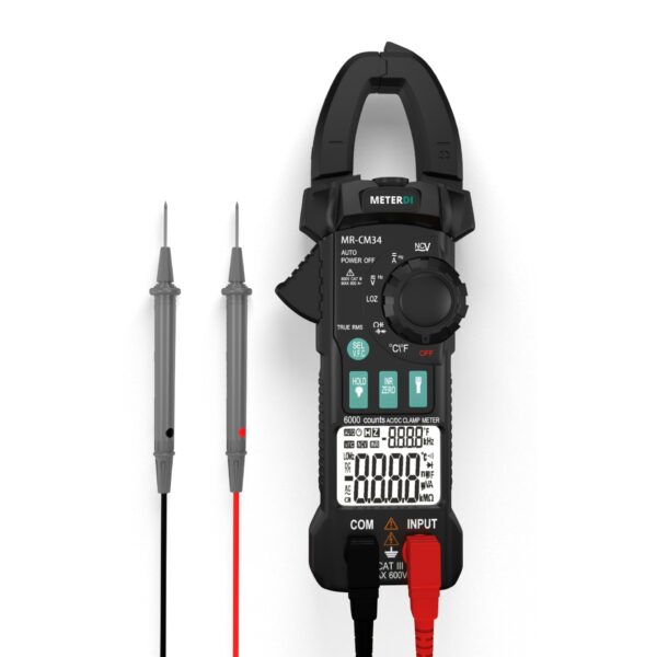 Digital Clamp Meter MR-CM34 with test leads for accurate AC/DC current measurement.