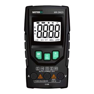 METERDI Intelligent Digital Multimeter MR-DM25 displaying measurements for voltage, current, and resistance.