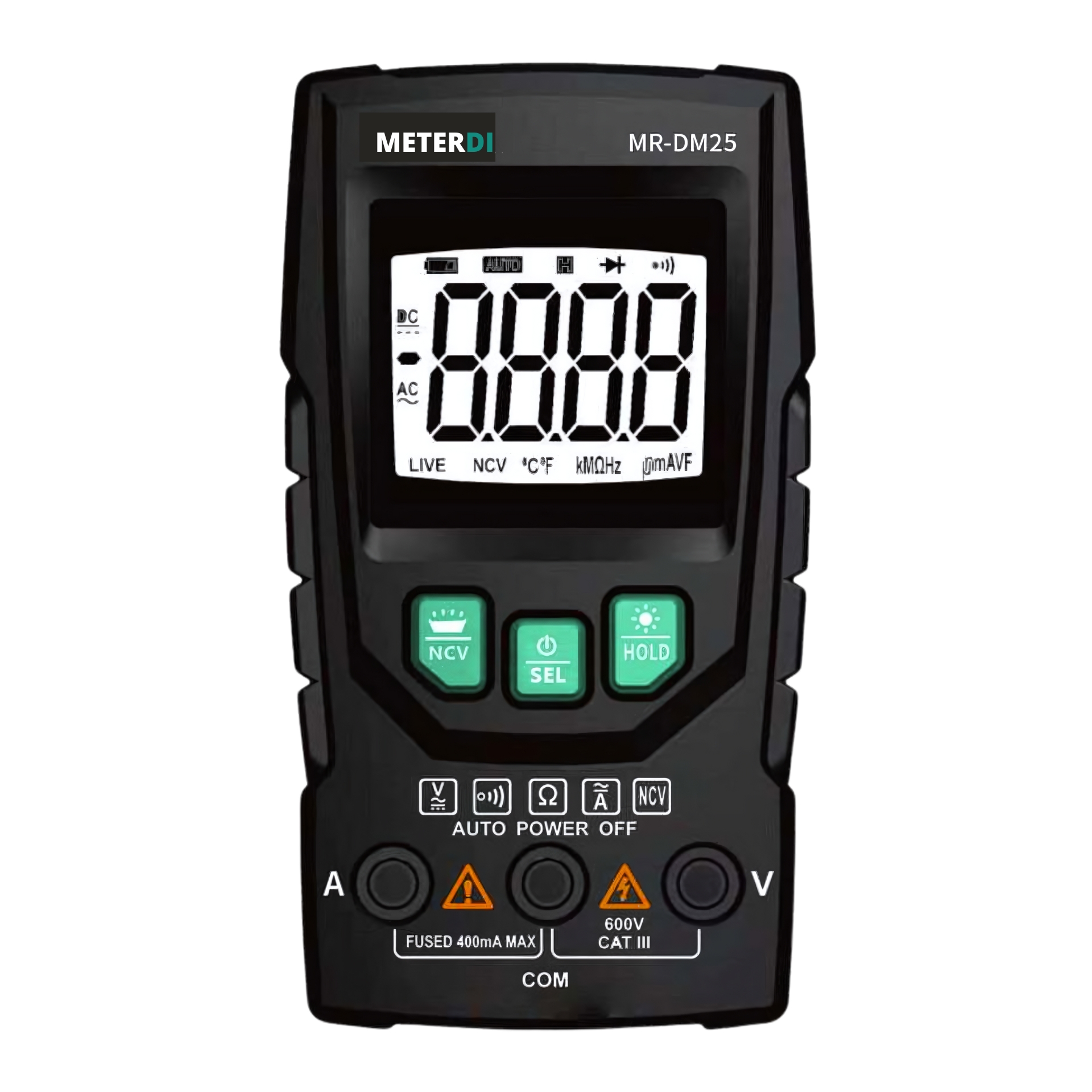 METERDI Intelligent Digital Multimeter MR-DM25 displaying measurements for voltage, current, and resistance.