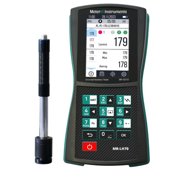 Portable Leeb Hardness Tester MR-LH70 by METERDI – Digital metal hardness tester for steel, Brinell, Rockwell, and Vickers scales.
