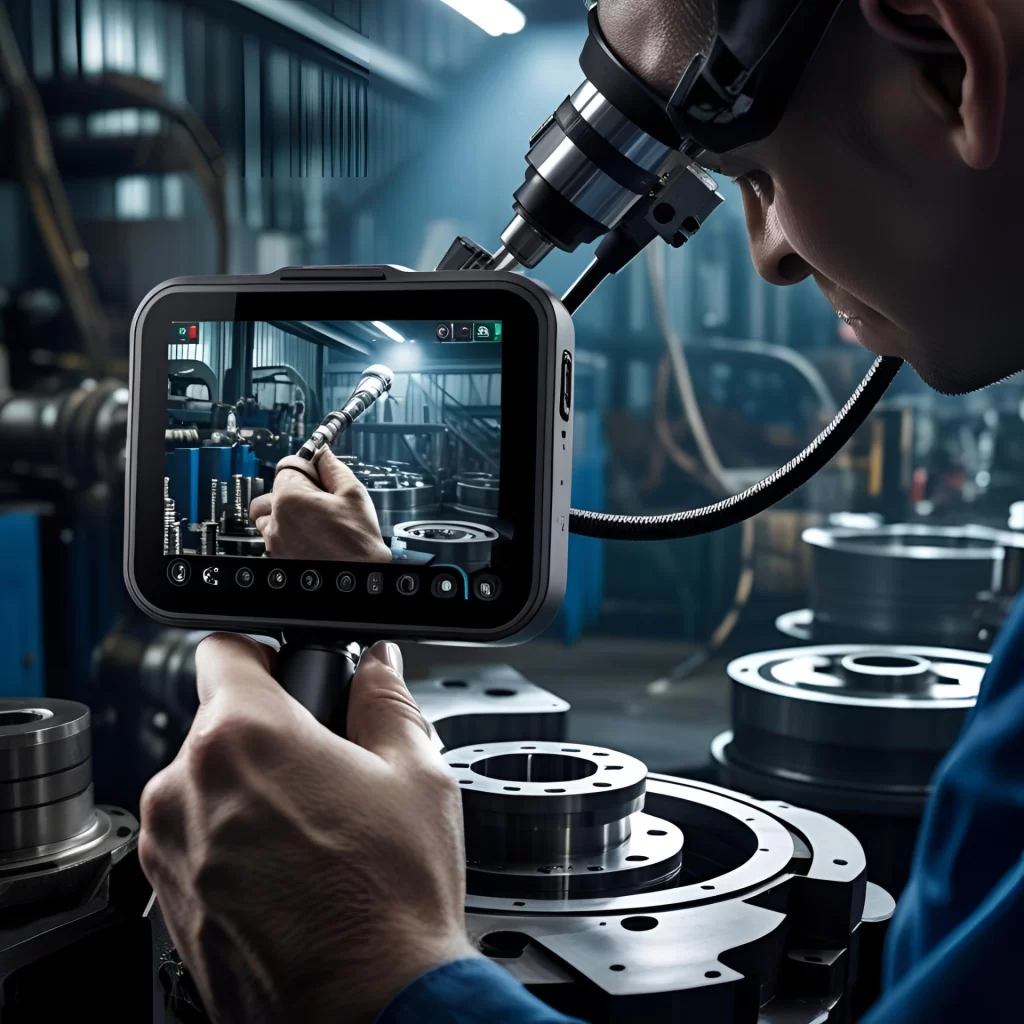 Technician using industrial borescope camera during equipment inspection task