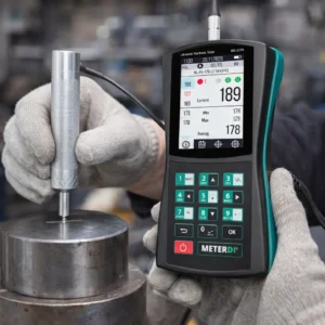 Ultrasonic Hardness Tester UCI probe measuring metal surface hardness in industrial application