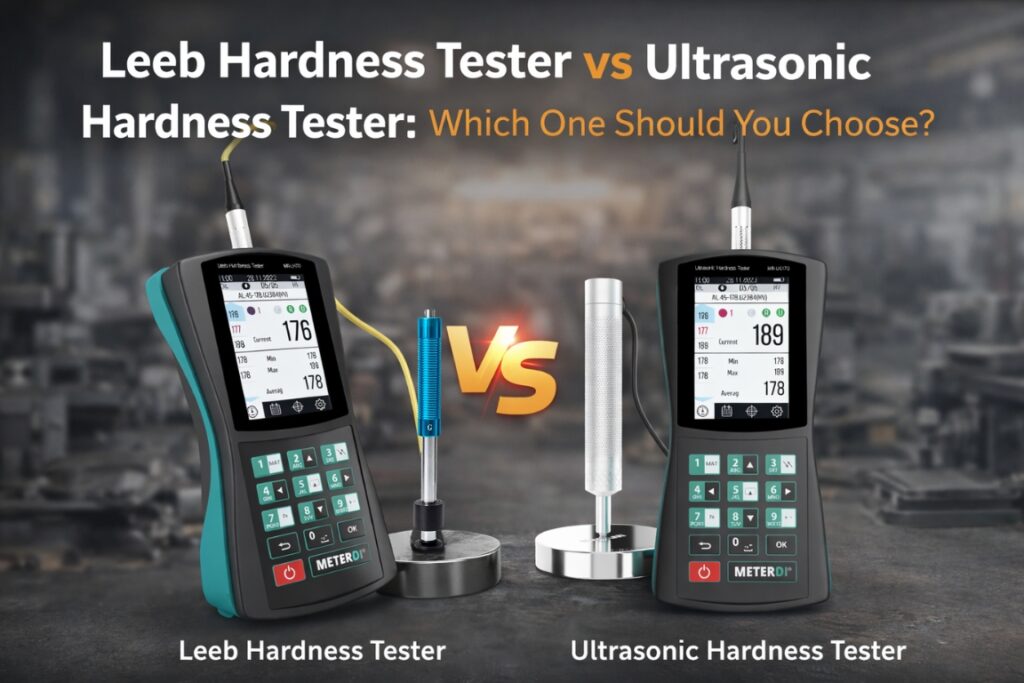 Leeb Hardness Tester vs Ultrasonic Hardness Tester measuring metal hardness in industrial application